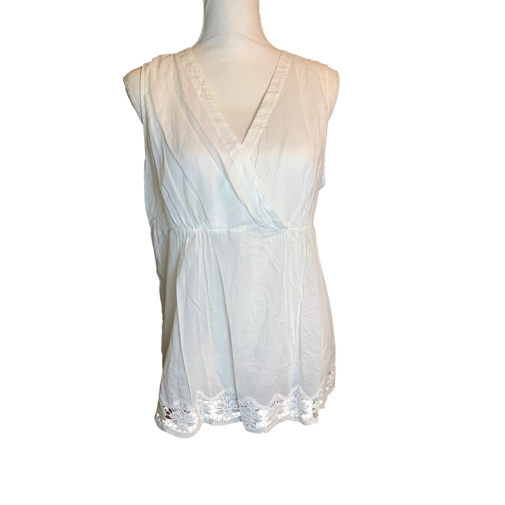 Merona‎ Boho Cottage Womens White 100%Cotton V-Neck Empire Waist Lace Trim Top L